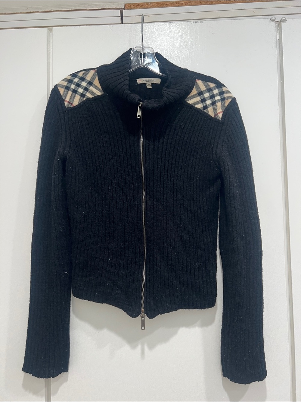 Burberry Black Zip-Front Ribbed Sweater with Vintage Check Shoulder Panels